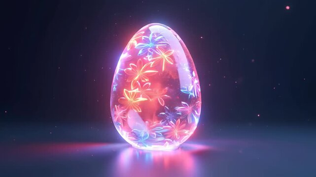 Magical glowing crystal easter egg filled with luminous pink and blue flowers radiating soft light on dark background, concept of easter, fantasy spring celebrations, premium greeting cards