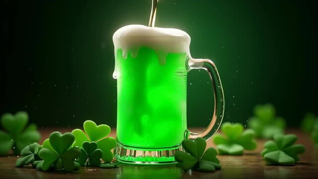 Glowing green beer in tall glass with creamy foam surrounded by shamrocks and golden sparkles on dark emerald background, concept of saint patricks day, pub celebrations, irish festivals