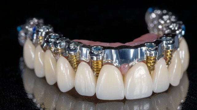 Fixed bridge implant arrangement in diagonal layout, smooth white clinical surface accentuating engineering detail, polished structures, and realistic tooth form