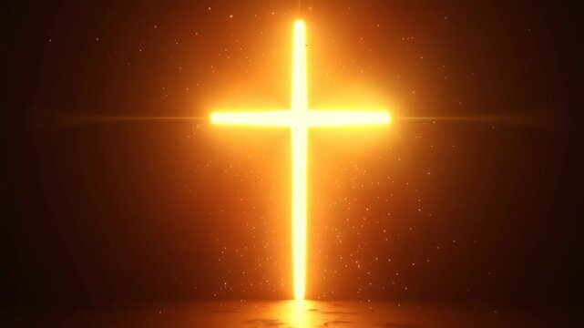 Radiant golden cross emitting powerful divine light rays against dark background with dramatic glow, concept of christian faith, easter celebrations, spiritual inspiration, religious events