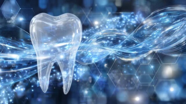 Futuristic dental-themed composition, white tooth with rotating luminous energy bands, blue scientific background with hexagonal patterns and soft light refractions