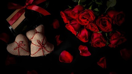 Champagne red roses and heart shaped gifts on a dark romantic backdrop