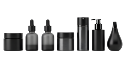 Collection of black cosmetic containers and bottles set Isolated on transparent background