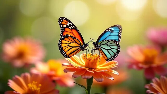 Two butterflies one orange monarch and one blue morpho facing each other on pink zinnia flower in sunny garden with blurred background, concept of love harmony, nature beauty, transformation symbolism