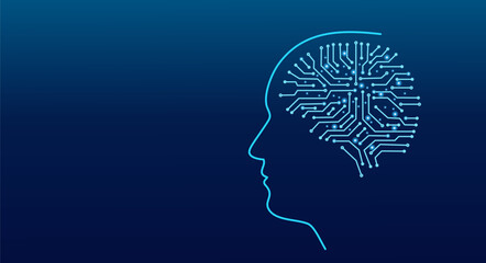 Concept of artificial intelligence, human head profile, brain with digital circuit, symbol of technological innovation, neural network graph, machine learning, intelligent technology of the future