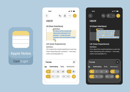 Apple Notes Dark Mode UI on iPhone Carousel Screens
Apple Notes App Interface Design on iPhone in Dark Mode