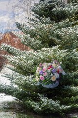 Beautiful flower basket on a Christmas tree