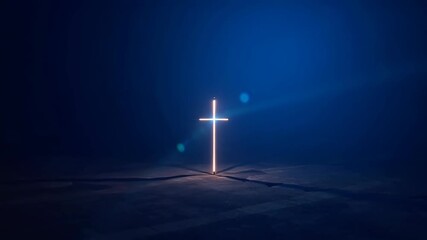 Radiant blue neon cross glowing with ethereal light trails against deep dark blue background with significant empty space, concept of christian faith, easter worship, spiritual inspiration, religious 