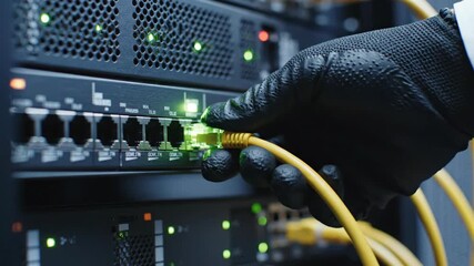 In a modern server room, a gloved hand expertly connects yellow cables to powerful networking equipment. Bright green lights glow, indicating successful connections and data flow. - Powered by Adobe