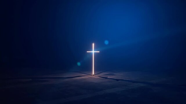 Radiant blue neon cross glowing with ethereal light trails against deep dark blue background with significant empty space, concept of christian faith, easter worship, spiritual inspiration, religious  - Powered by Adobe