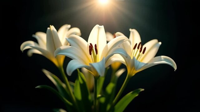 Crown of thorns wreath adorned with white easter lilies and peach roses illuminated by heavenly light, concept of easter resurrection, christian faith, good friday remembrance, religious symbolism - Powered by Adobe