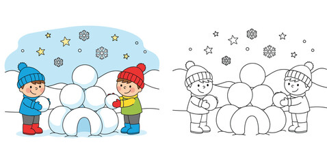 Cute Kids Building Snow Fort Vector Illustration with Coloring Page Outline for Winter Activity