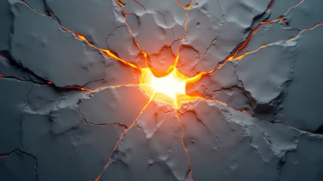 Cracked gray rock splitting open with radiant golden light bursting through central fissure, dramatic illumination in abstract stone texture scene, concept of breakthrough, hope, inspiration
