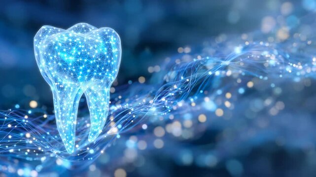 Macro 3D tooth model glowing with purity as bright swirling lines dance around it, sparkling hygienic aura, vibrant baby-blue background fading into soft white