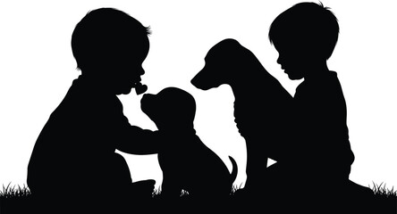 Children and dogs on grass icon set, black silhouette illustration of pet interaction and outdoor bonding concept graphic