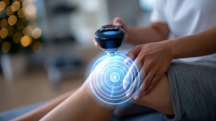 Macro perspective of ultrasound therapy head gliding over knee joint, subtle reflections on gel, patient relaxed, soft-focus physiotherapy clinic background