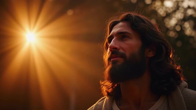 Jesus Christ with long hair and beard gazing upward at radiant sunburst halo in peaceful profile portrait with divine golden light, concept of christianity, faith, spiritual inspiration