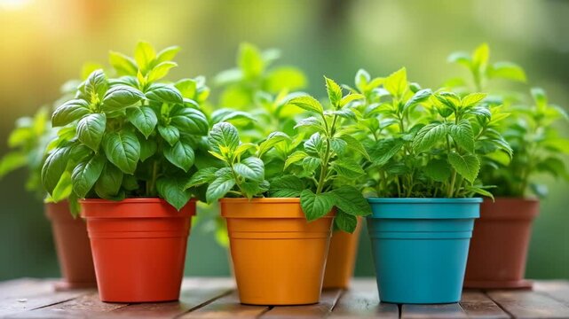 Row of fresh green herb plants in colorful pots on wooden table against blurred garden background, basil mint oregano growing outdoors, concept of gardening, healthy cooking, wellness