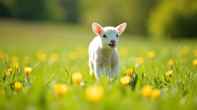 Cute baby lamb running toward camera with joyful expression in sunny spring meadow full of yellow flowers looking at camera, concept of easter, farming, animal welfare