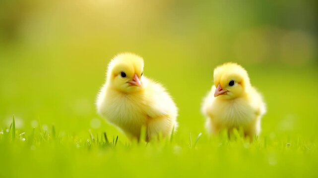 Two fluffy yellow chicks walking on fresh green grass with one looking at camera, adorable baby chickens in sunny meadow with soft bokeh, concept of easter, farming, pet care