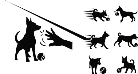 Dog fetching ball silhouette sequence, pet training and play concept illustration, hand throwing ball, active canine behavior, obedience practice, motion steps and playful interaction artwork