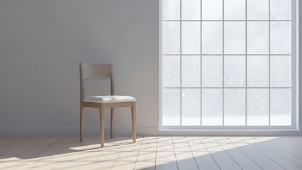 Minimalist Interior Scene with a Single Wooden Chair by a Large Window for Modern Home or Office Decor
