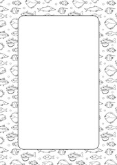 Hand-drawn cartoon fish frame. Black and white outline drawing.