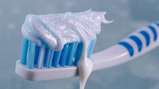 Macro view of toothpaste neatly applied to a toothbrush, smooth creamy texture highlighted by soft lighting, minimalistic pale background