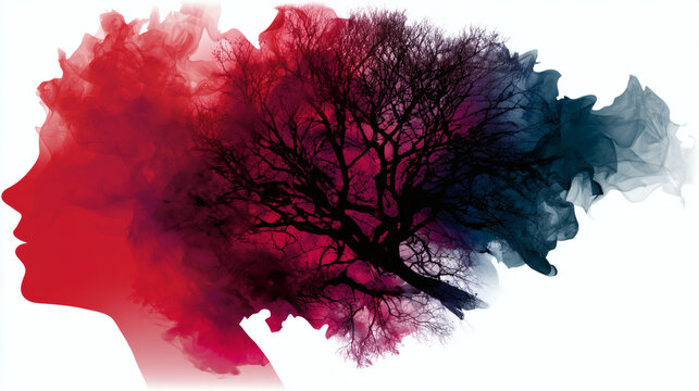 Abstract female profile silhouette with colorful smoke and tree branches, mental health concept