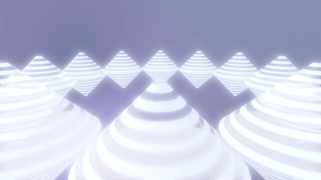Symmetrical 3D abstract background featuring glowing white striped geometric cones on purple backdrop