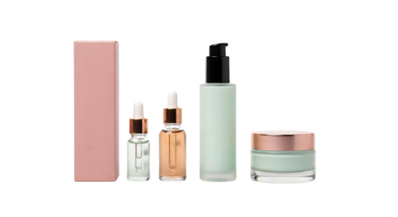 Luxury Skincare Beauty Product Set with Pink Box, Glass Dropper Serums, Lotion Bottle, and Moisturizer Cream Jar Isolated on transparent background