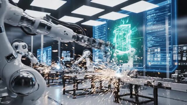 Futuristic automated factory with smart robotic arms and holographic interfaces