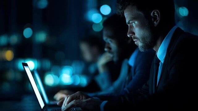Focused medium shot of a team working collaboratively on laptops analyzing cybersecurity measures to safeguard sensitive client and debt information.