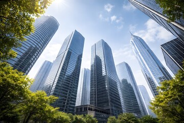 Modern City Skyline with Glass Skyscrapers and Green Urban Park