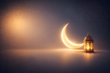Elegant Ramadan Background with Glowing Crescent Moon and Lantern
