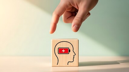 A hand placing a finger on a wooden block with a human head outline and red youtube logo inside