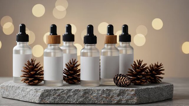 Array of essential oil bottles with pine cones on stone against bokeh lights in cozy setting