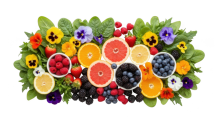 Fresh fruits and berries with edible flowers arrangement