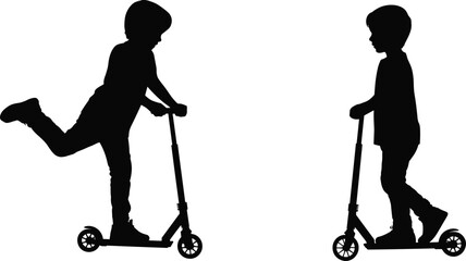 Silhouettes of Two Children Riding Scooters on a White Background kids © Lyli9