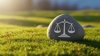 A symbol of justice on a stone in a lush green field with sunlight shining through