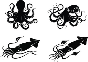 Black octopus and squid illustrations vector graphics on transparent background