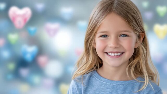 Portrait of a little girl showing off her healthy smile, surrounded by cheerful dental decorations, bright lighting, emphasizing positive childhood dental care experience