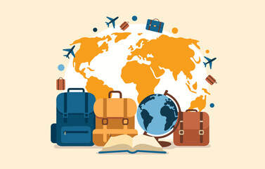 Travel and tourism concept with world map airplanes suitcases and globe for international journey planning