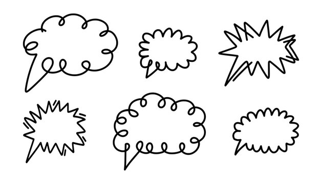 Set of outline hand drawn vector speech bubbles and thought balloons, thinking clouds in doodle style. Features spiral, fuzzy, and spiky cloud shapes. For comics, conversation, commentary and chat.