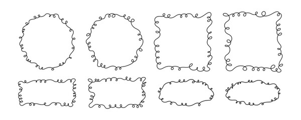 Set of black outline vector frames made of continuous squiggle lines. Includes various shapes: circle, square, and rectangle. Unique, fun borders, playful, hand drawn or energetic aesthetic.