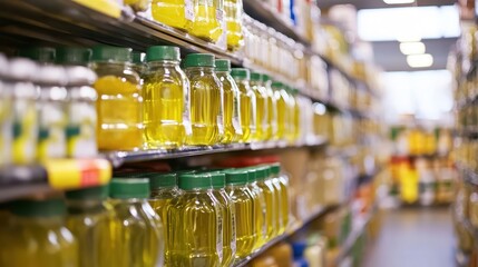 Rows of cooking oil bottles with green caps displayed on supermarket shelves