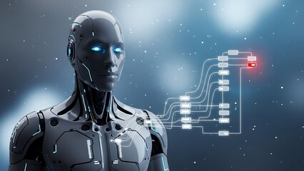 Cybernetic humanoid robot with glowing blue eyes in futuristic environment with digital display