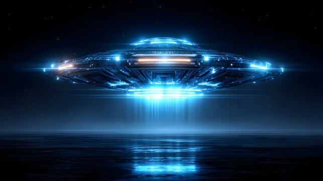 Futuristic Alien Spaceship Hovering with Blue Lights.