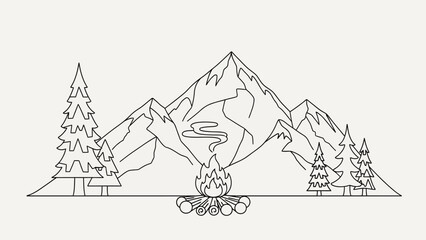 Fototapeta premium Nature's Embrace: A peaceful scene of mountains, trees, and a campfire. The outline style lends a sense of adventure and evokes the tranquility of the great outdoors.