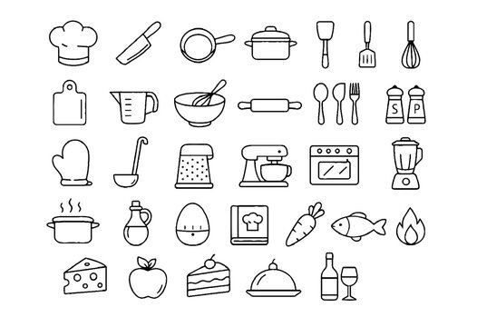 Kitchen  Cooking Icons Set &ndash; Food Preparation, Cookware, Utensils, Baking Tools, Ingredients  Culinary Line Vector